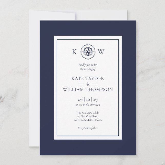 Monogram Nautical Compass Navy Blue Wedding  Invitation (Front)