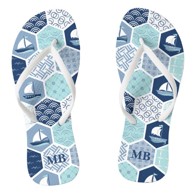 Monogram Nautical Modern Boat Blue Personalised Jandals (Footbed)