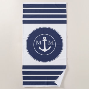 Monogram Nautical Modern Navy Blue White Stripes Beach Towel