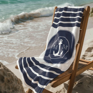  Monogram Nautical Modern Navy Blue White Stripes Beach Towel