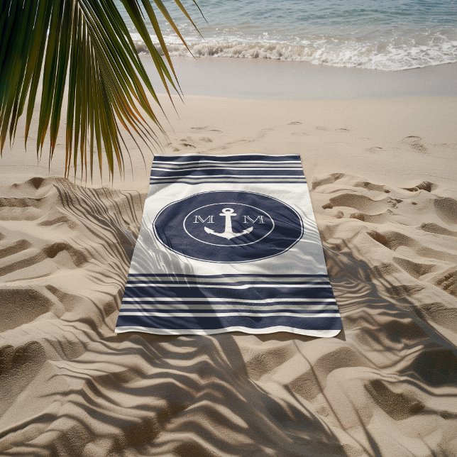  Monogram Nautical Modern White Navy Blue Stripes Beach Towel (Creator Uploaded)
