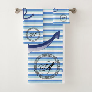 Monogram nautical navy blue anchor on blue stripes bath towel set