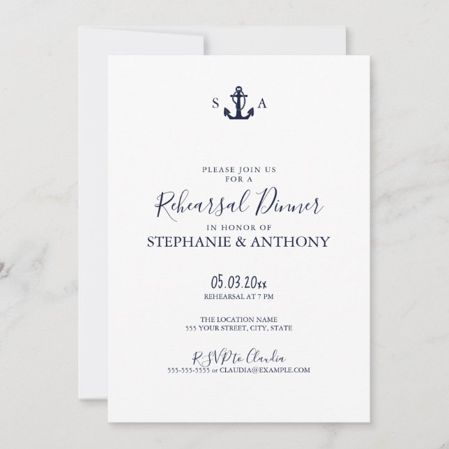 Monogram Nautical Navy Blue Anchor Rehearsal     Invitation (Front)
