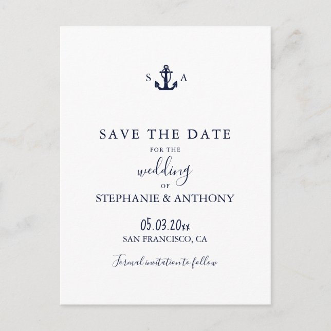 Monogram Nautical Navy Blue Anchor Wedding    Announcement Postcard (Front)