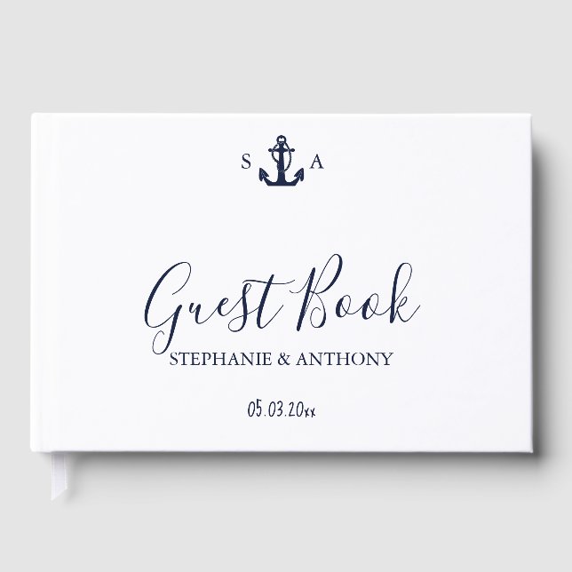 Monogram Nautical Navy Blue Anchor Wedding    Guest Book (Front)