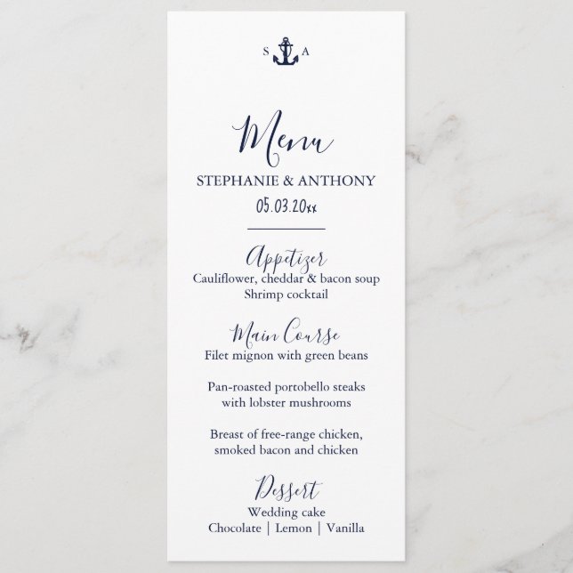 Monogram Nautical Navy Blue Anchor Wedding    Menu (Front)