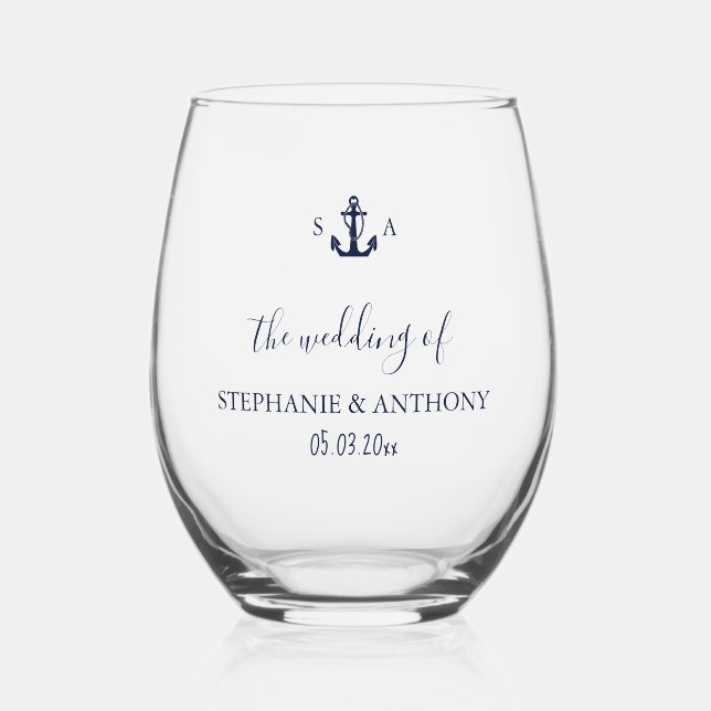 Monogram Nautical Navy Blue Anchor Wedding    Stemless Wine Glass (Front)