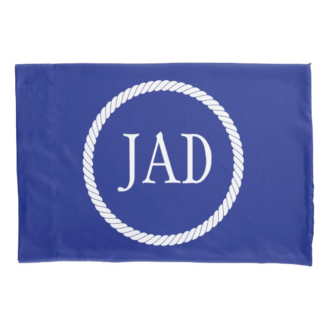Monogram Nautical Navy Blue White Circle Pillowcase (Front-Left)