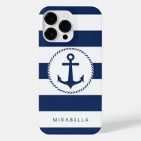 Monogram Nautical Navy Blue White Stripes Anchor