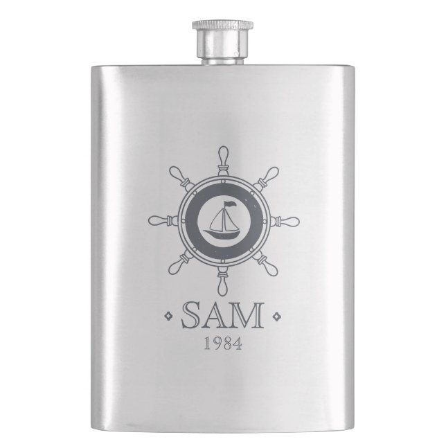 Monogram. Nautical. Ship. Bon Voyage. Hip Flask (Front)