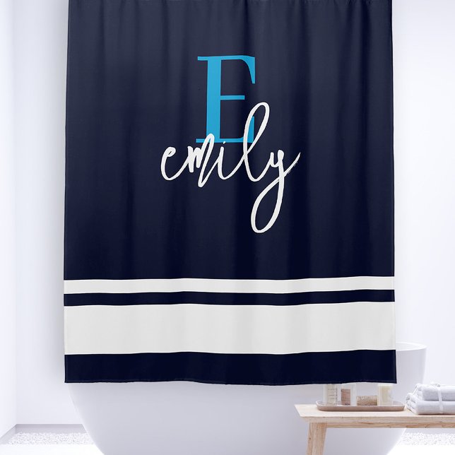 Monogram Nautical Stripes Navy Blue White Shower Curtain (Add Your Custom Monogram Initial. Personalize Your Name in Stylish Handwritten Script.)