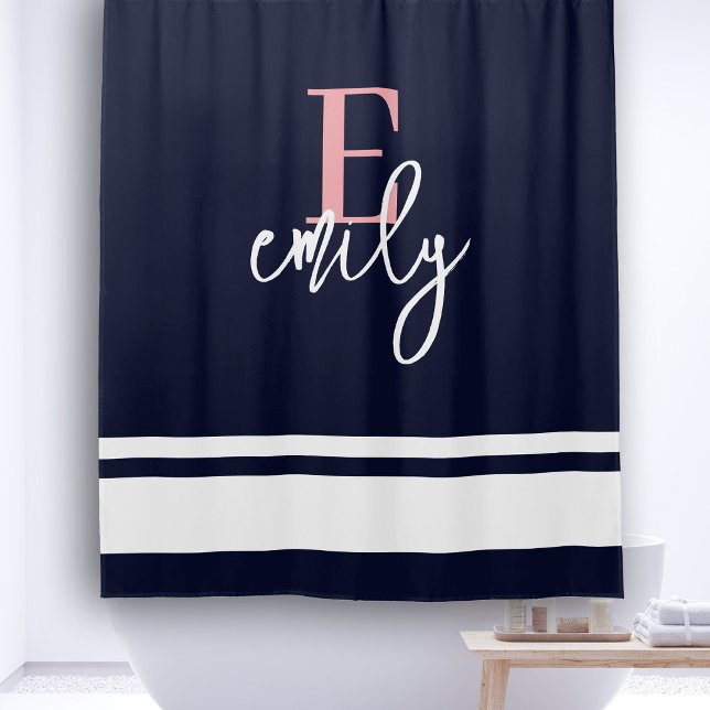 Monogram Nautical Stripes Navy Pink White Shower Curtain (Add Your Custom Monogram Initial. Personalize Your Name in Stylish Handwritten Script.)