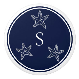 Monogram Nautical White Navy Blue Starfish Beach Ceramic Knob