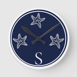 Monogram Nautical White Navy Blue Starfish Beach Round Clock