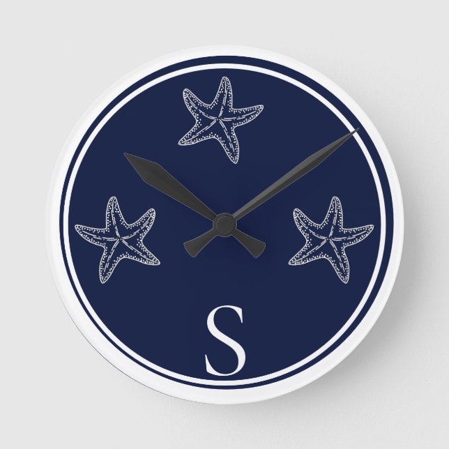 Monogram Nautical White Navy Blue Starfish Beach Round Clock (Front)