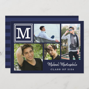 Monogram Navy Blue 4-Photo Graduation Party Invitation