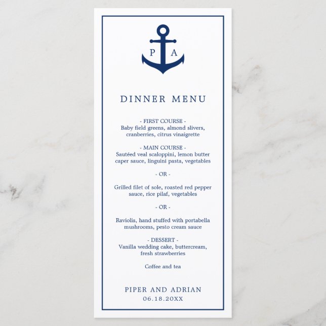 Monogram Navy Blue Anchor Nautical Wedding Menu (Front)