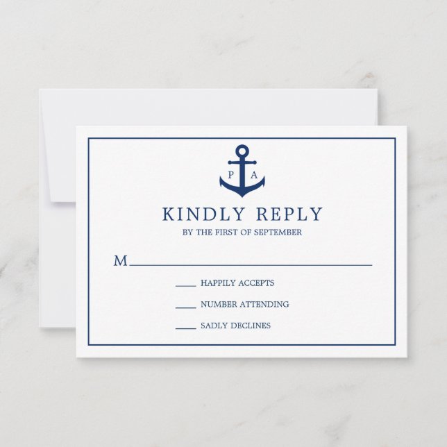 Monogram Navy Blue Anchor Nautical Wedding RSVP Card (Front)