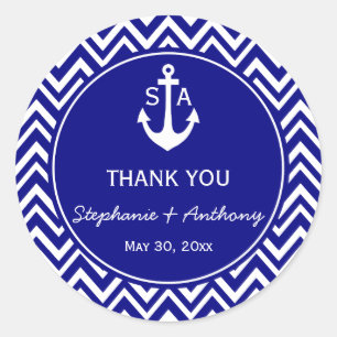 Monogram Navy Blue and White Nautical Wedding Classic Round Sticker