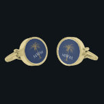 Monogram Navy Blue Artistic Gold Palm Tree Gold Finish Cufflinks<br><div class="desc">Customise these monogrammed cufflinks featuring an artistic golden palm tree and white text over a navy blue background with your own special touch. You can change the monogram,  background and palm tree to your favourite colours. Makes a great gift for any occasion.</div>