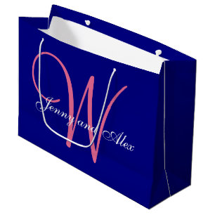 Monogram Navy Blue Azalea Pink Wedding Large Gift Bag