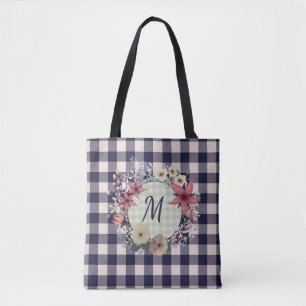 Monogram Navy Blue Checks You Customise Tote Bag