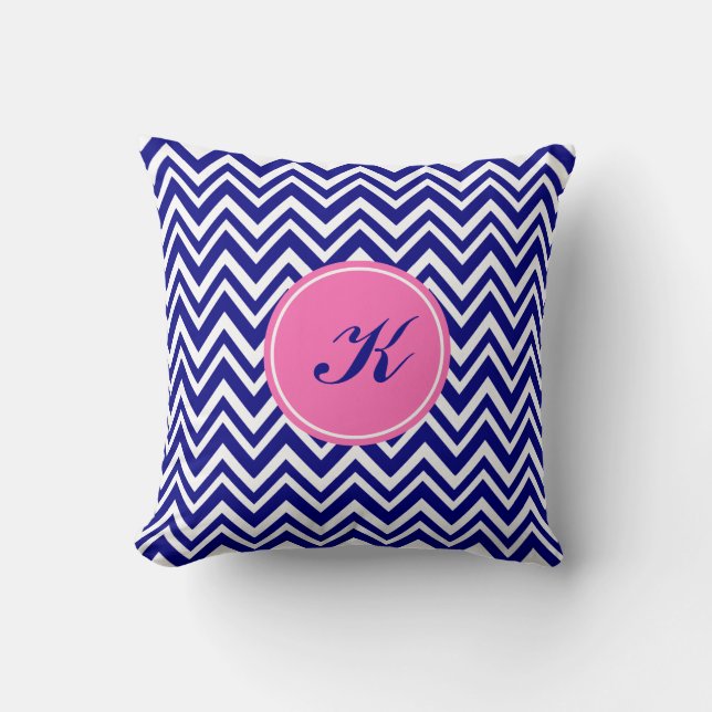 Monogram Navy Blue Chevron Pattern Cushion (Front)