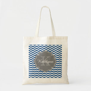 Monogram Navy Blue Chevron Zigzag Custom Tote Bag