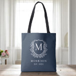Monogram Navy Blue Crest Botanical Wedding  Tote Bag<br><div class="desc">Add a touch of timeless elegance to your celebration with our Monogram Navy Blue Crest Botanical Wedding Tote Bag. Featuring a rich navy blue background, a classic botanical crest, and your personalised monogram, this tote blends sophisticated style with practical function. Perfect for wedding welcome bags, bridal party gifts, or guest...</div>