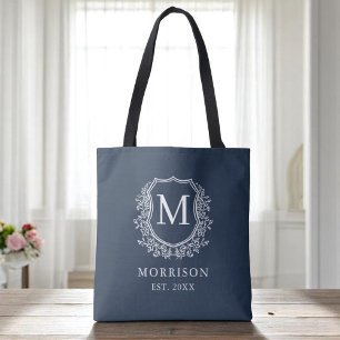 Monogram Navy Blue Crest Botanical Wedding Tote Bag