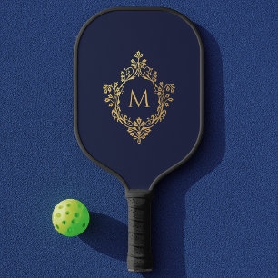 Monogram Navy Blue Elegant Faux Gold Vintage Crest Pickleball Paddle