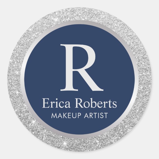 Monogram Navy Blue Elegant Silver Glitter Classic Round Sticker (Front)