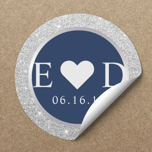 Monogram Navy Blue Elegant Silver Glitter Wedding Classic Round Sticker