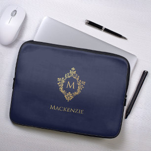 Monogram Navy Blue Faux Gold Vintage Crest Initial Laptop Sleeve