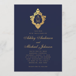 Monogram Navy Blue Faux Gold Vintage Crest Wedding Invitation
