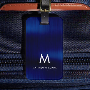 Monogram Navy Blue Faux Metal Steel Styled Custom Luggage Tag