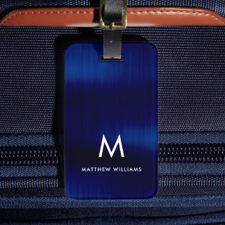 Monogram Navy Blue Faux Metal Steel Styled Custom Luggage Tag