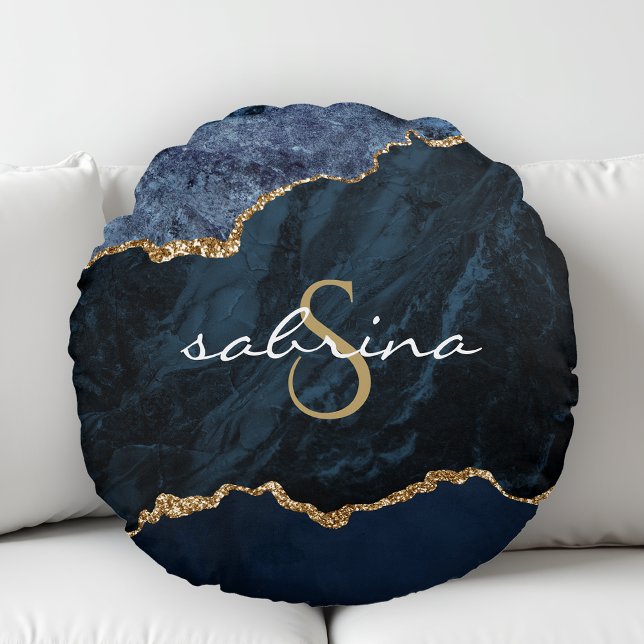 Monogram Navy Blue Gold Agate Geode Round Cushion (Creator Uploaded)