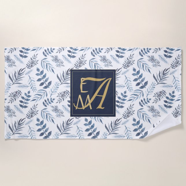 Monogram Navy Blue Gold Botanical Leaves Ferns Beach Towel (Front)