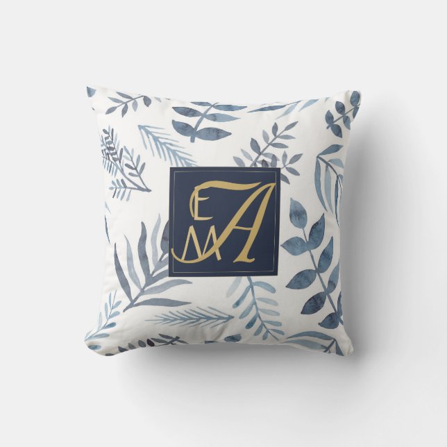 Monogram Navy Blue Gold Botanical Leaves Ferns Cushion (Front)