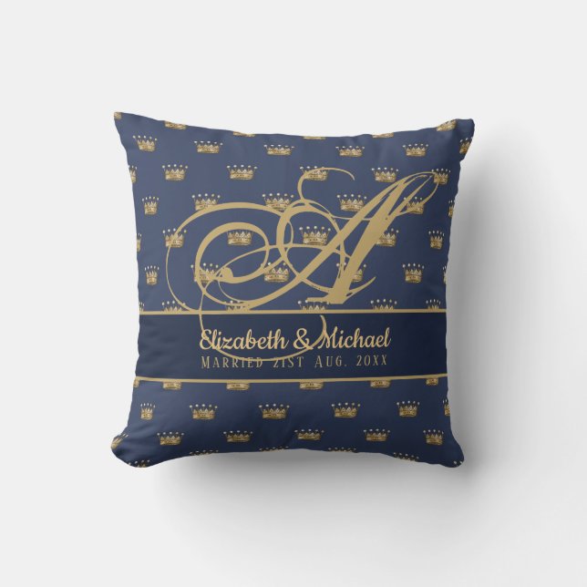 Monogram Navy Blue Gold Crown King Queen NEWLYWEDS Cushion (Front)
