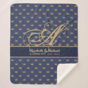 Monogram Navy Blue Gold Crown King Queen NEWLYWEDS Sherpa Blanket