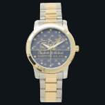 Monogram Navy Blue Gold Crown King Queen NEWLYWEDS Watch<br><div class="desc">Elegant commemorative wedding gift for the newlyweds allowing you add their surname monogram,  names and wedding date. Pattern here is a lovely deep navy blue with gold coloured crown pattern,  perfect for the King and Queen of the household!</div>