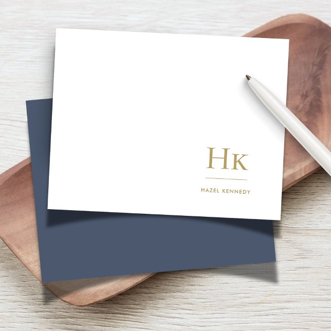 Monogram Navy Blue Gold Elegant Social Notecard (Creator Uploaded)
