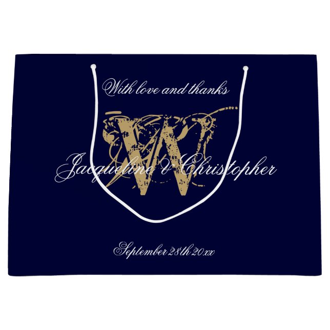  Monogram Navy Blue & Gold Elegant Wedding     Large Gift Bag (Front)
