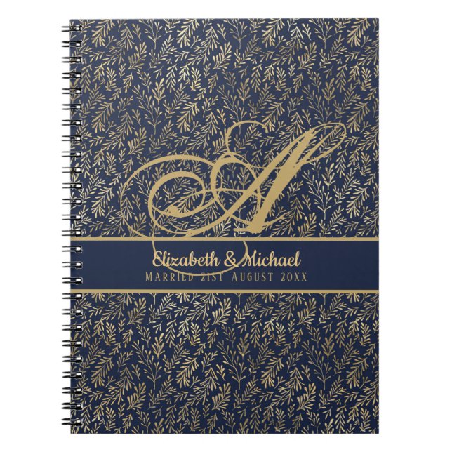 Monogram Navy Blue Gold Leaf Newlyweds Wedding Notebook (Front)