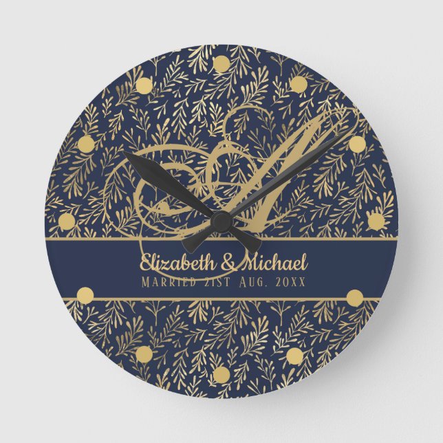 Monogram Navy Blue Gold Leaf Newlyweds Wedding Round Clock (Front)