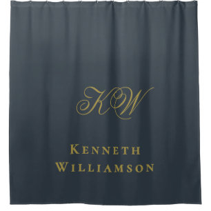 Monogram Navy Blue Gold Name Minimalist Men  Shower Curtain