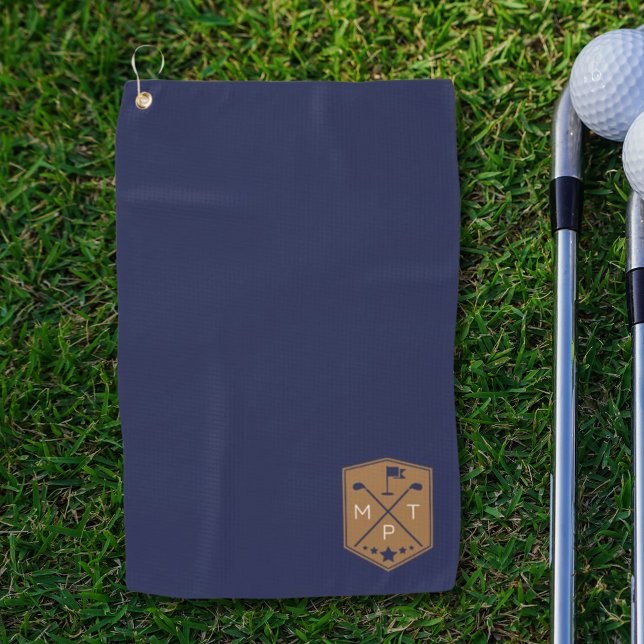Monogram Navy Blue Gold Name Personalised Golf Towel (Creator Uploaded)