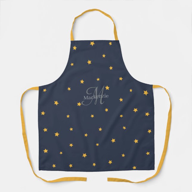 Monogram Navy Blue Gold Stars All-Over Print Apron (Front)